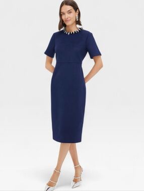 NWT TUCKERNUCK Navy Blue Wool Blend Fur Trim Pencil Sheath Dress Size 8
